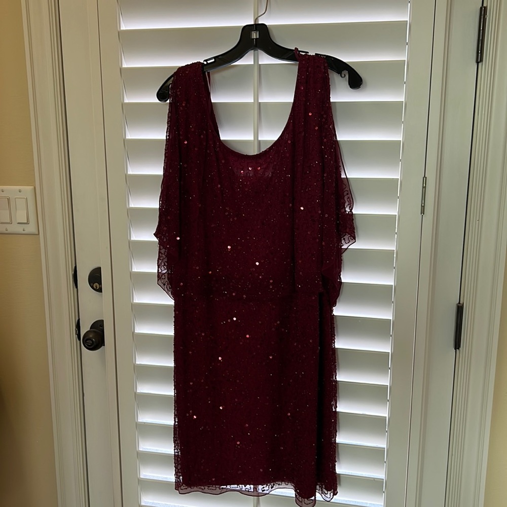 Maroon colored 100% silk sequined cocktail dress with sheer sleeves